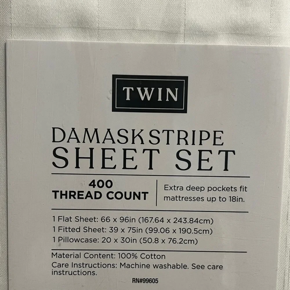 D&D Darsee & David's TWIN White Damask Striped Sheets Set 100 % Cotton 400 Count